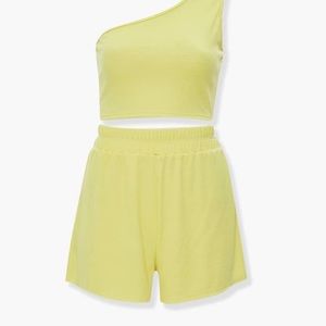 Lime One Shoulder and Short Ribbed Set